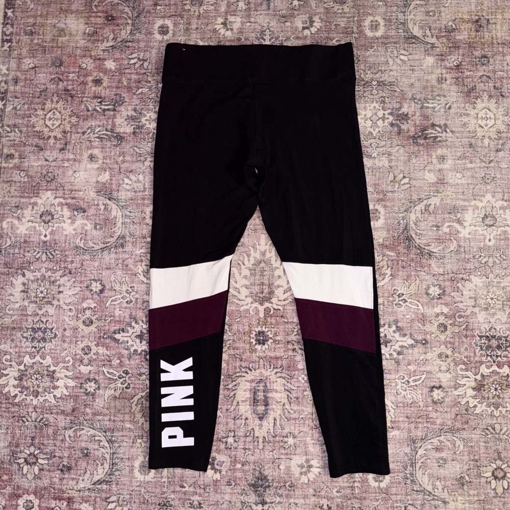 Victoria's Secret PINk Yoga Leggings XL Black‎ Colorblock Logo Activewear Pants